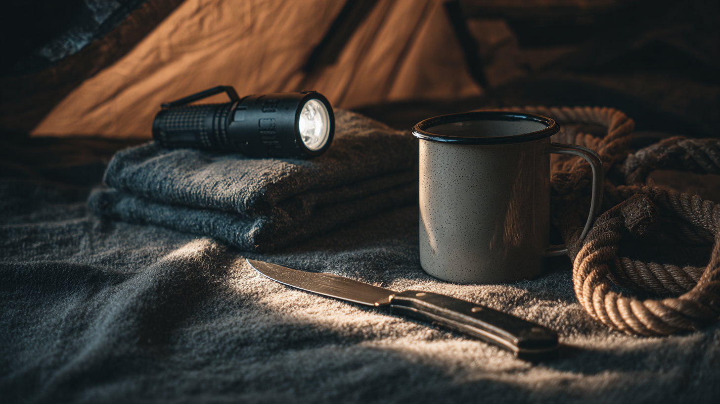 Close-up of minimal camping essentials arranged under warm light.