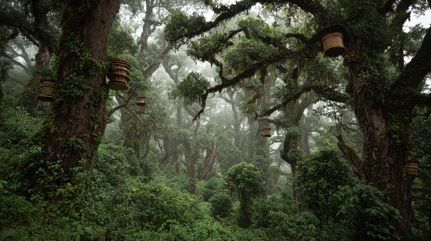 Misty Ethiopian forest with wild coffee plants and traditional beehives.