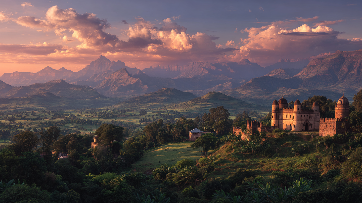 A symbolic panoramic blend of Ethiopia’s UNESCO sites at sunset. Panoramic view of Ethiopia UNESCO Sites including castles, mountains, and landscapes.