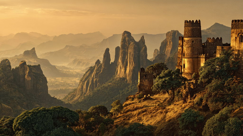 A panoramic collage of Ethiopia’s UNESCO heritage sites including castles, mountains, and cultural landscapes.
