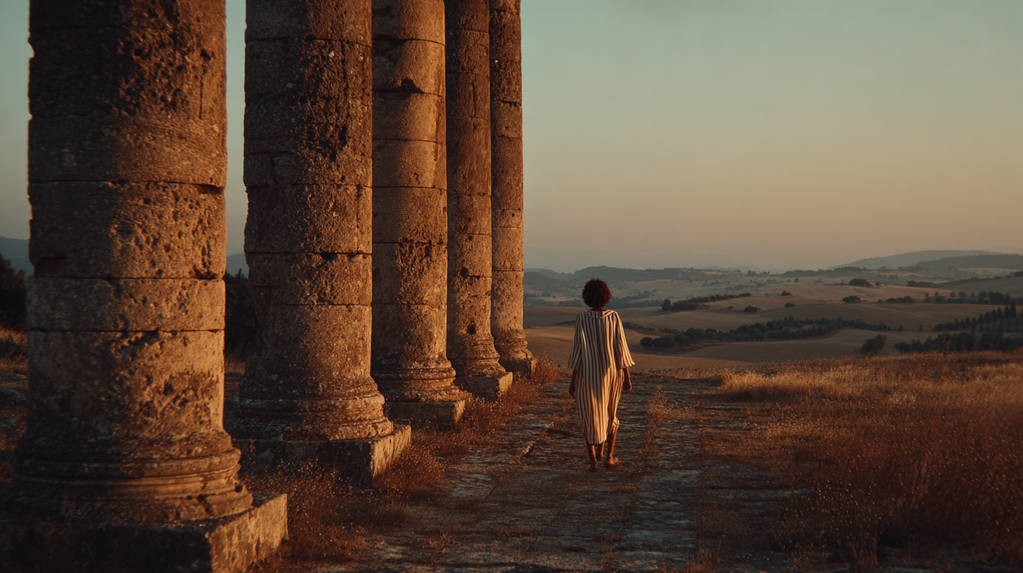 Close-up of a traveler touching the stones of Évora’s Roman temple.