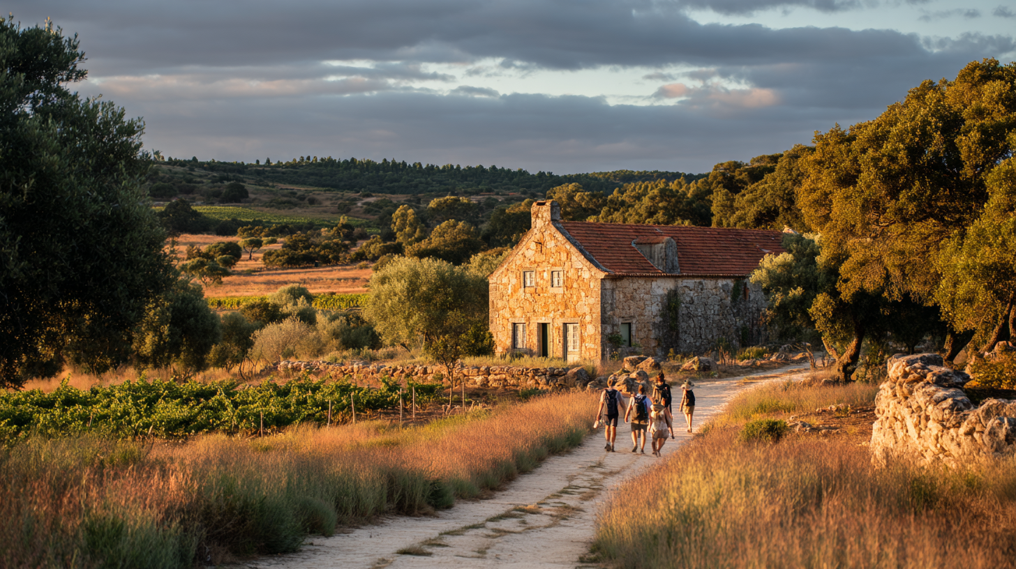 Travelers walking near a stone farmhouse in Évora countryside.