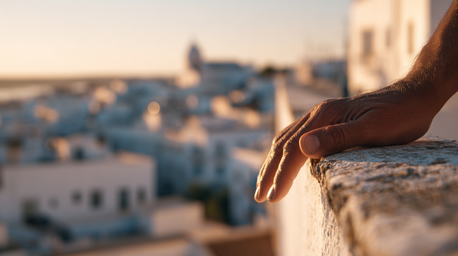 Close-up of a hand touching a whitewashed wall in Faro with storks in background.