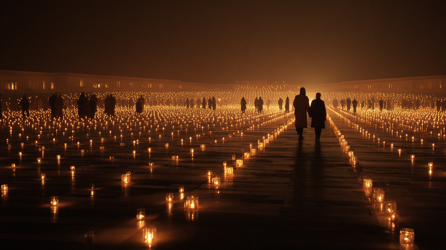 Pilgrims holding candles at dusk in the Fátima sanctuary.