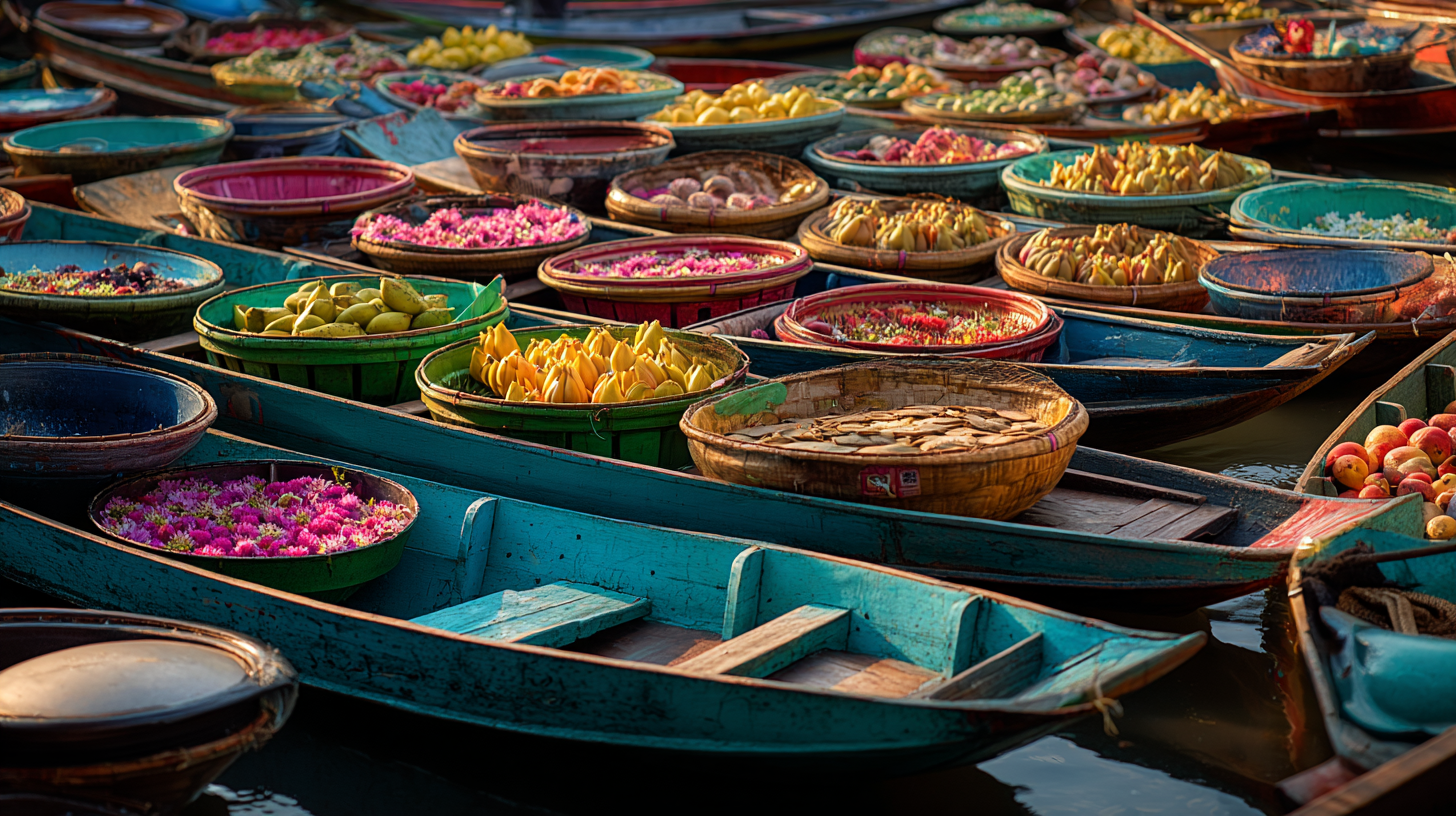 Close-up mosaic of floating market boats with colorful produce.