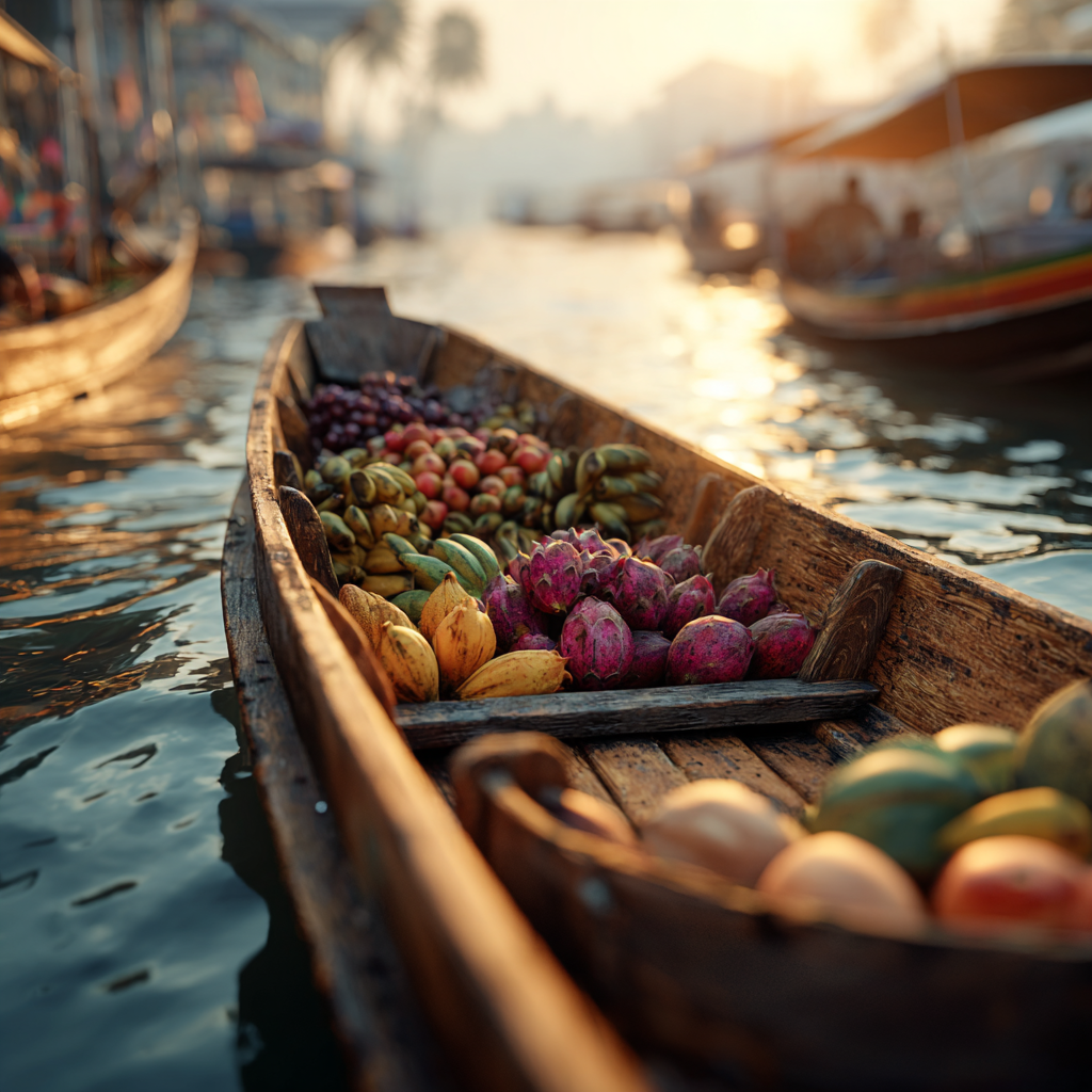 Close-up of a fruit-filled boat on rippling sunrise water.