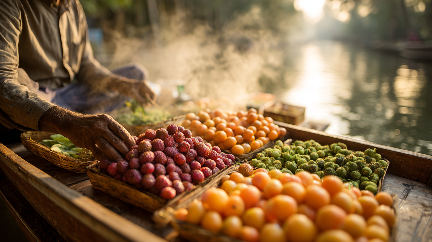 Close-up of a vendor preparing produce on a floating market boat.