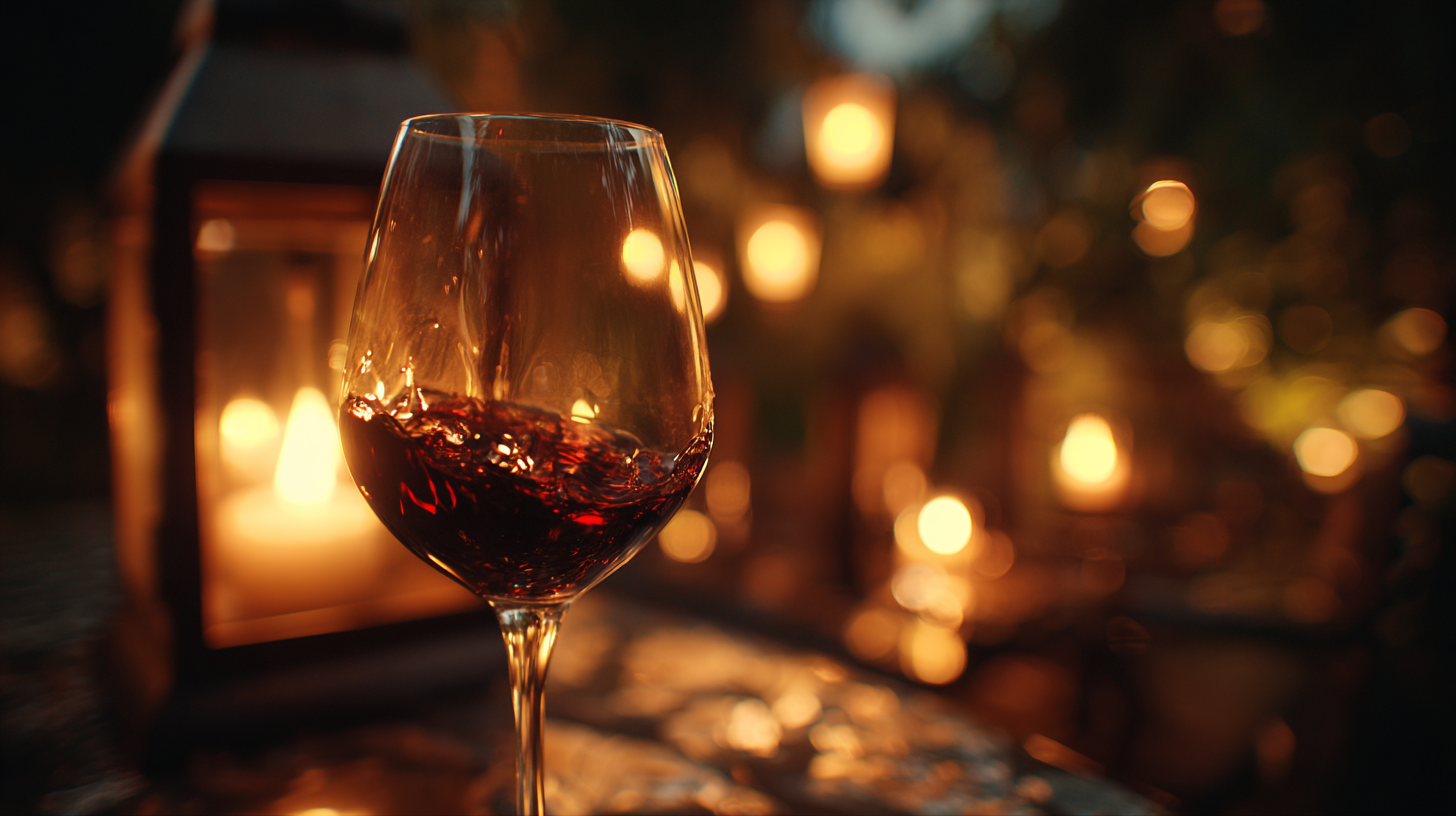 Close-up of swirling wine illuminated by warm festival lights.