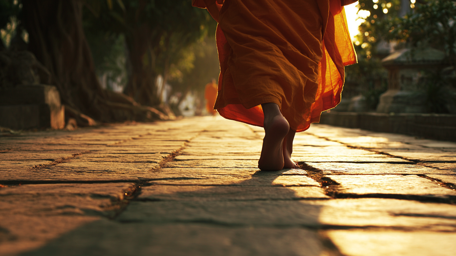 Close-up of feet on forest floor in a quiet temple setting.