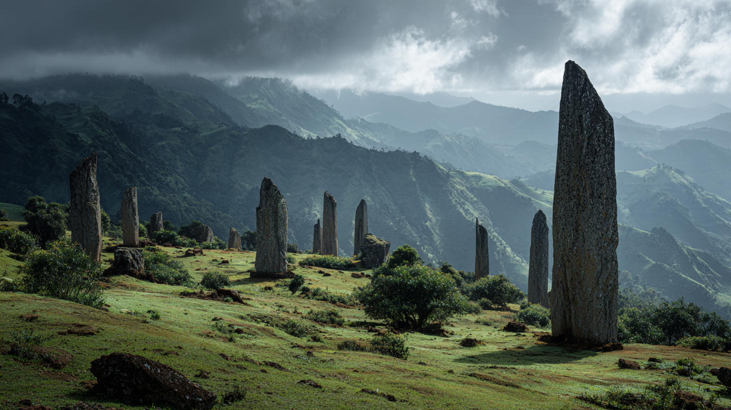Carved monoliths of the Gedeo stelae fields standing among green hills.