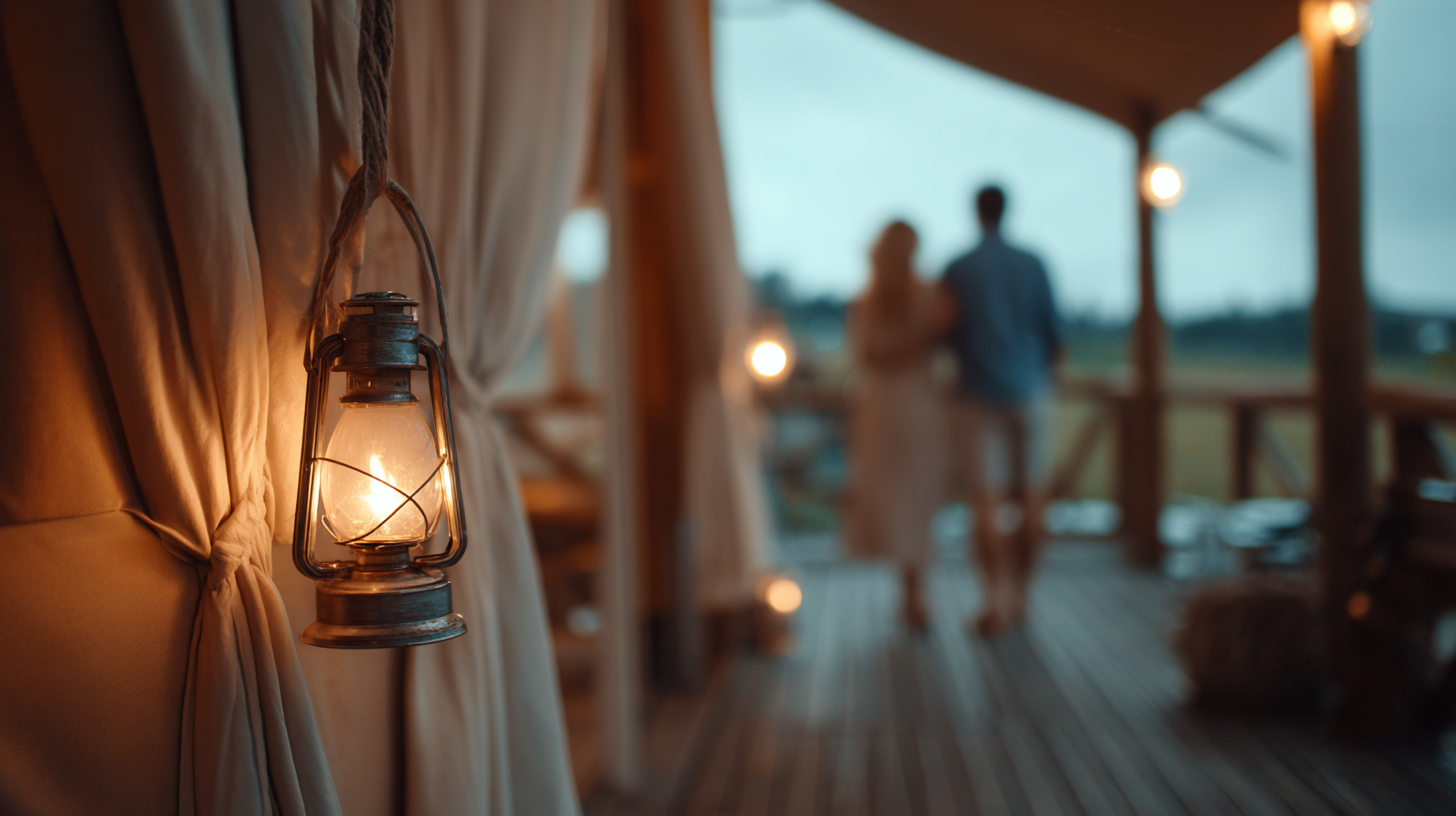 Close-up of glowing glamping tent fabric with two people in soft background.