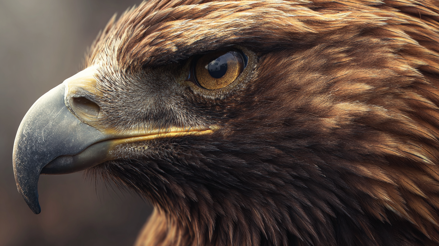 Close-up portrait of a golden eagle with dramatic mountain backdrop.