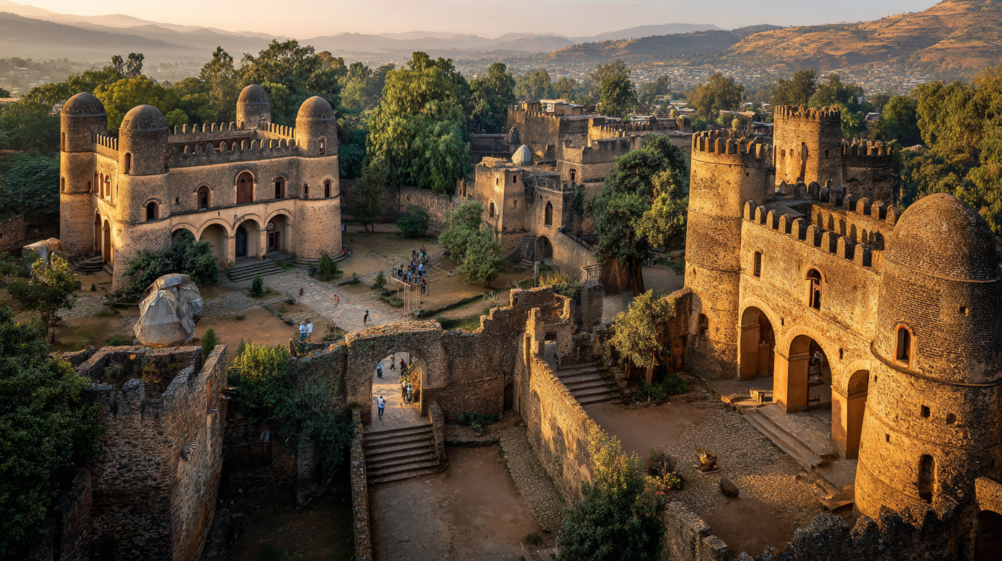 The stone castles of Fasil Ghebbi in Gondar illuminated by warm sunlight.