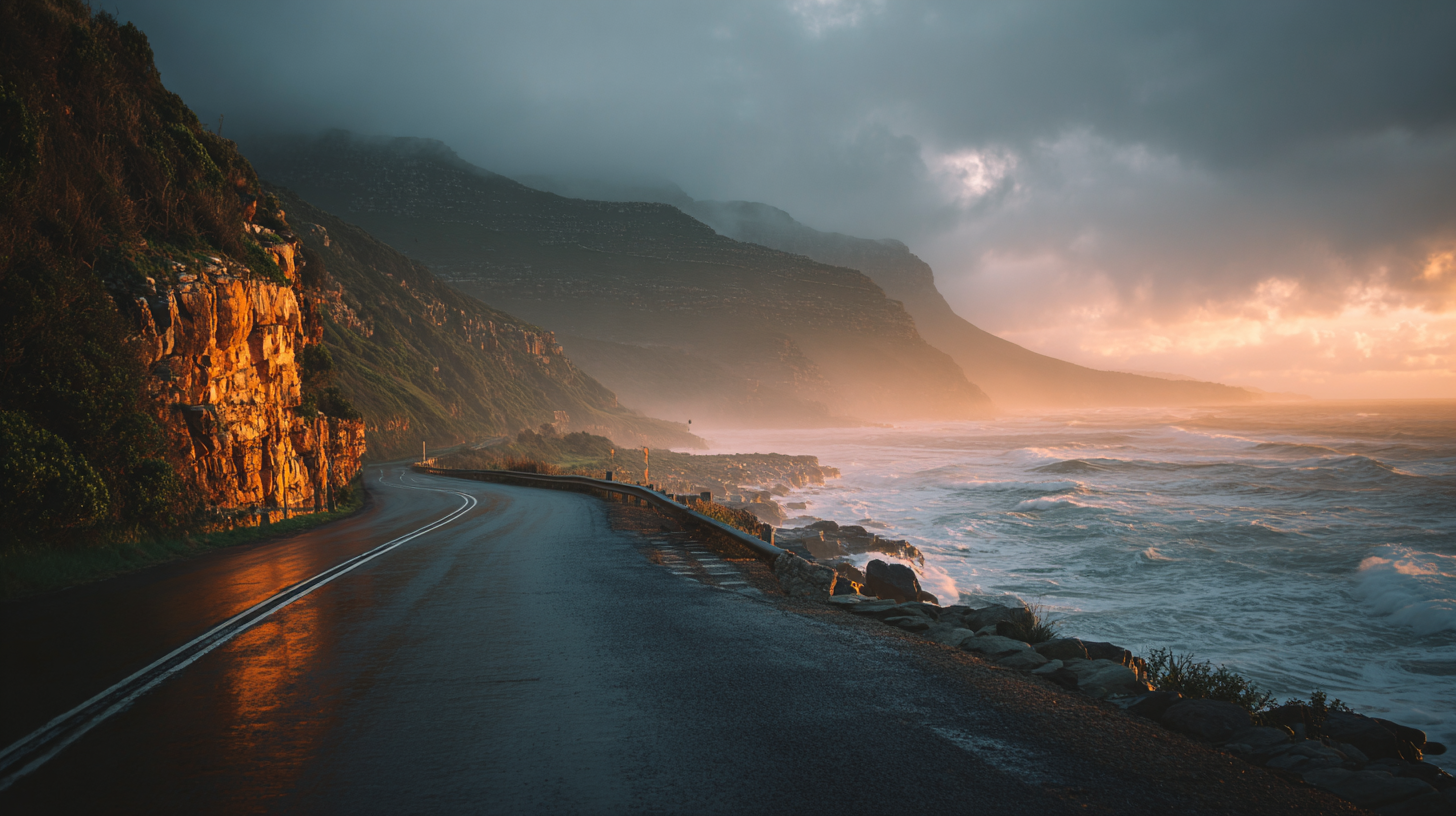 Coastal road winding above cliffs with ocean waves below.
