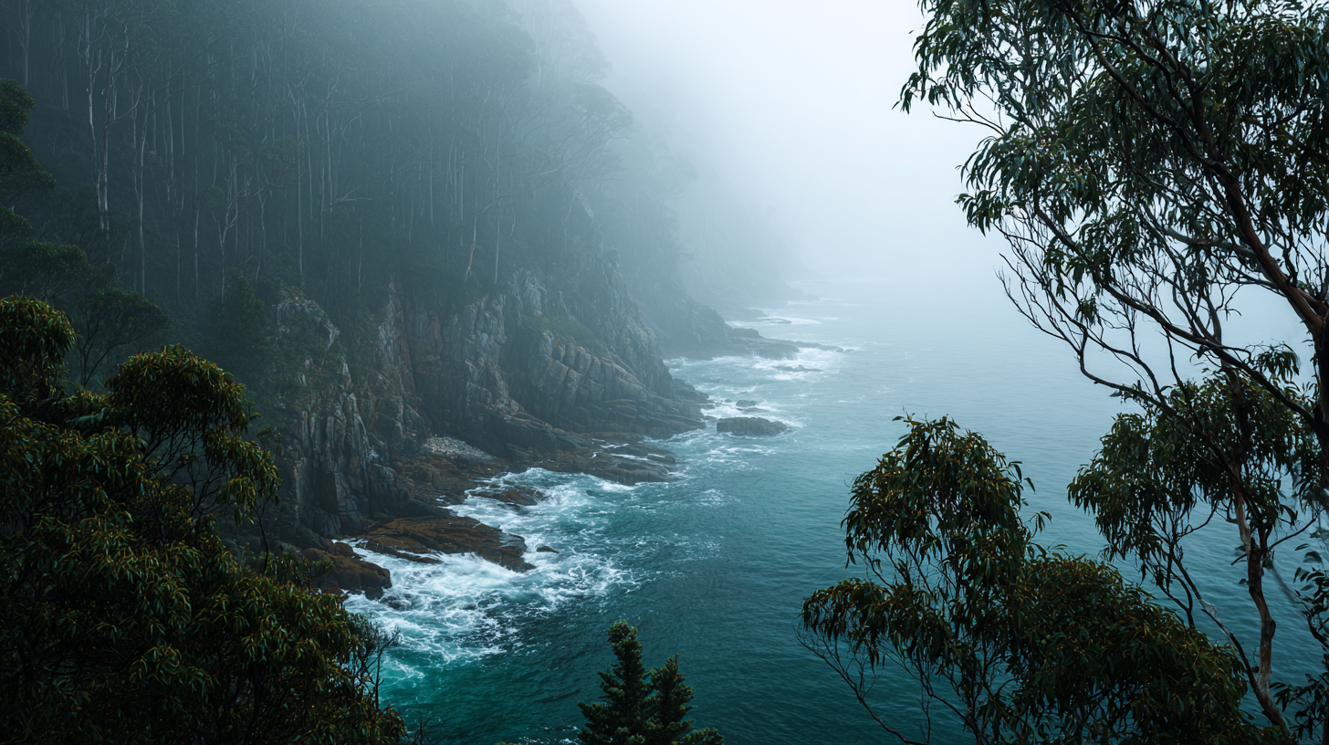 Misty forest above rugged ocean cliffs in Great Otway.