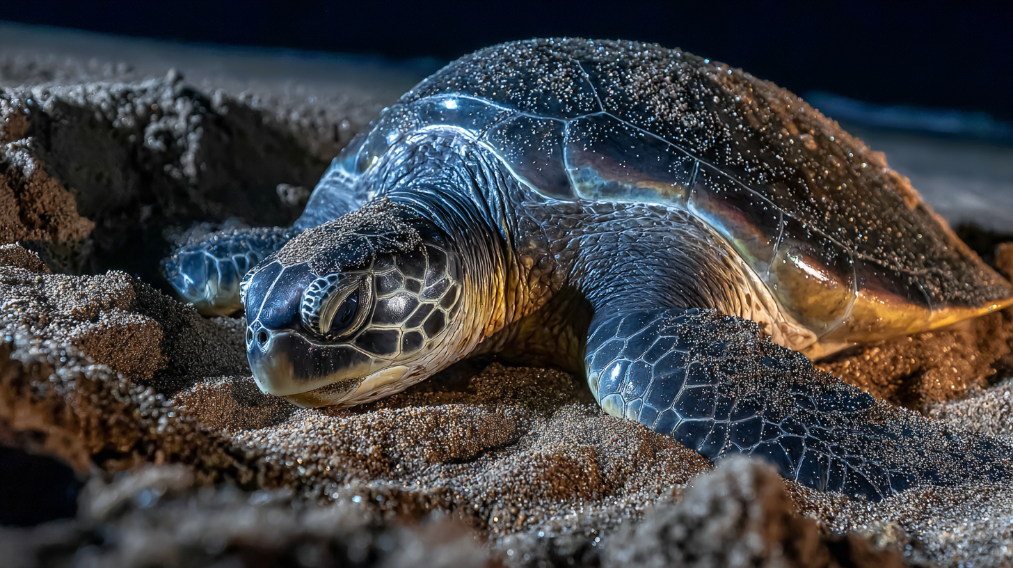 Close-up of a green sea turtle nesting on a beach.