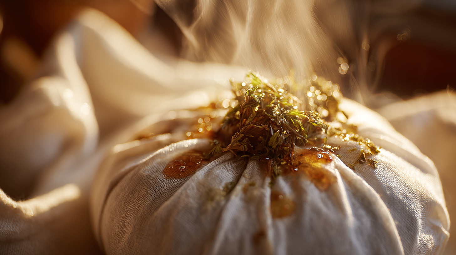 Close-up of a steaming Thai herbal compress glowing in warm light.