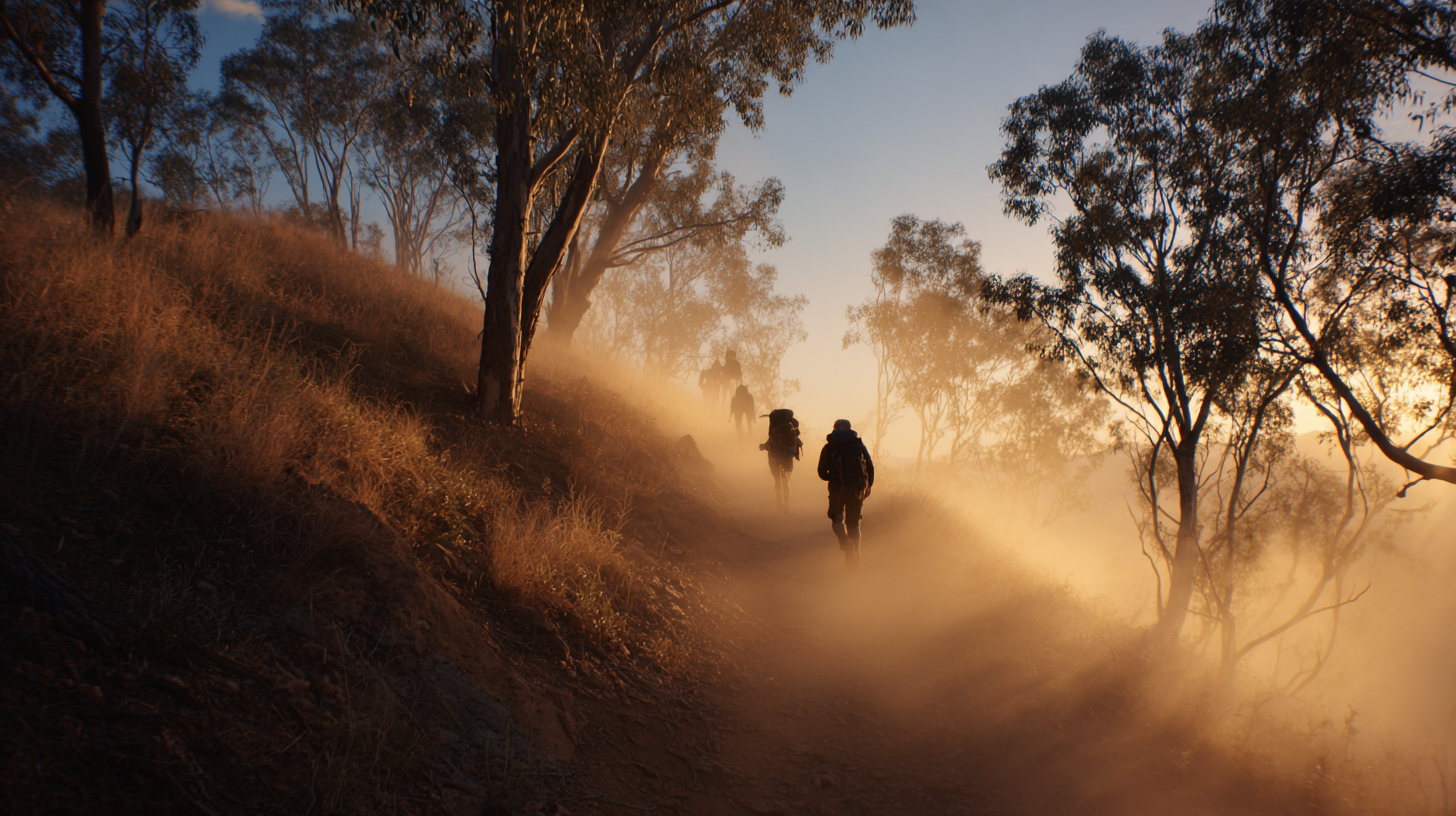 Hikers walking along a sunlit Australian trail with soft dust in the air.