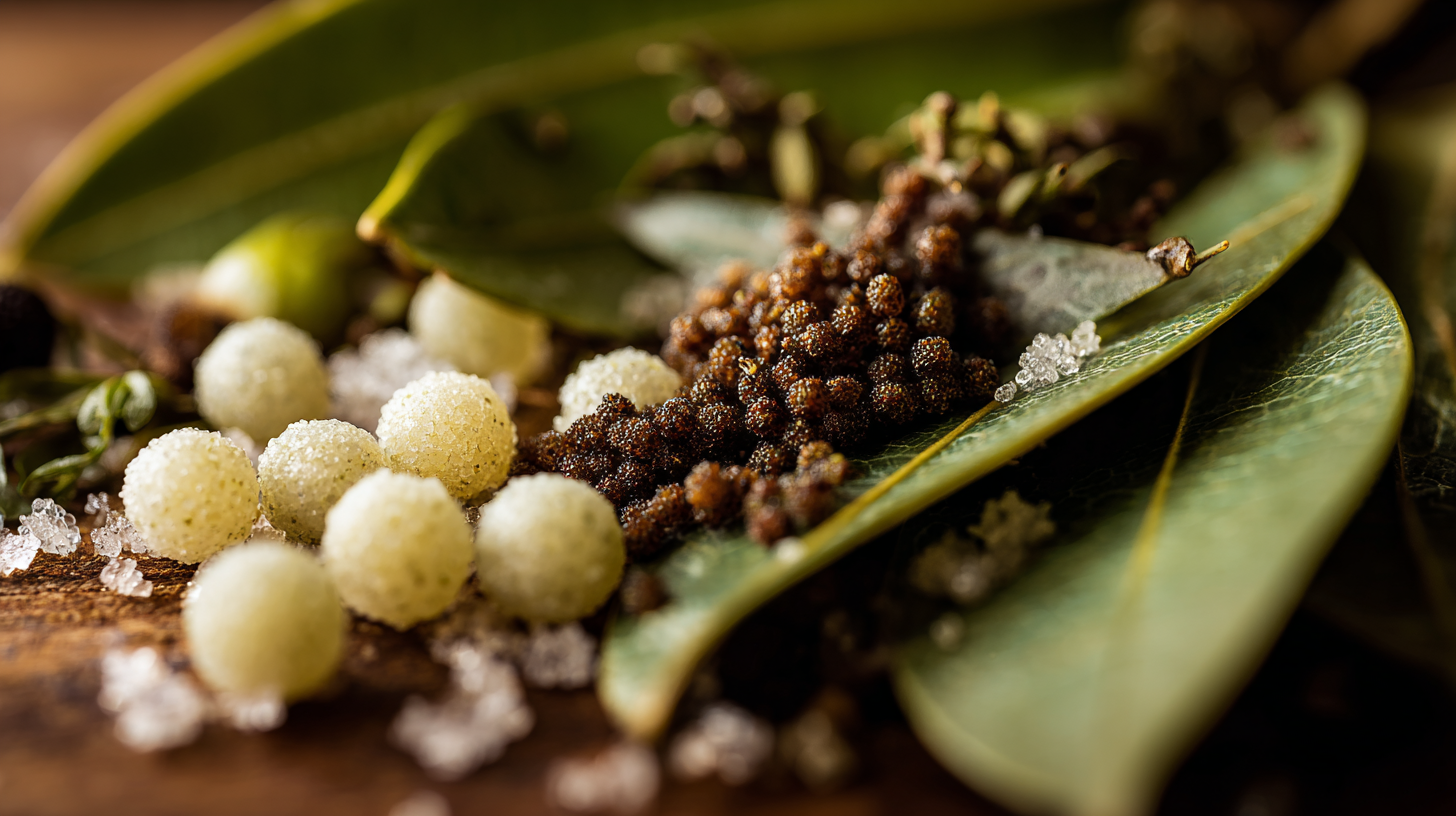 Close-up of native Australian food like finger lime and wattleseed. 