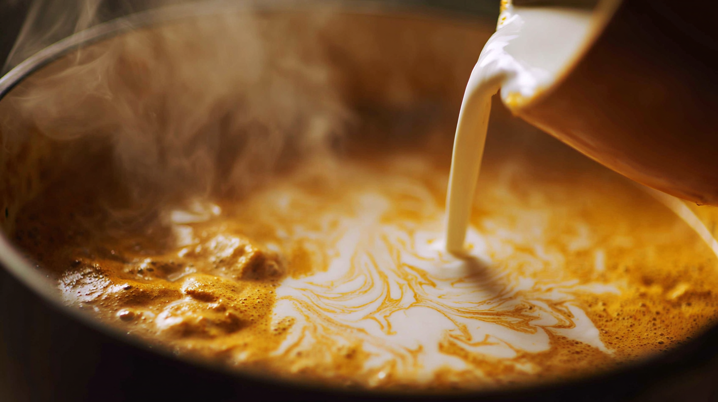 Coconut milk being poured into a pot of aromatic broth.