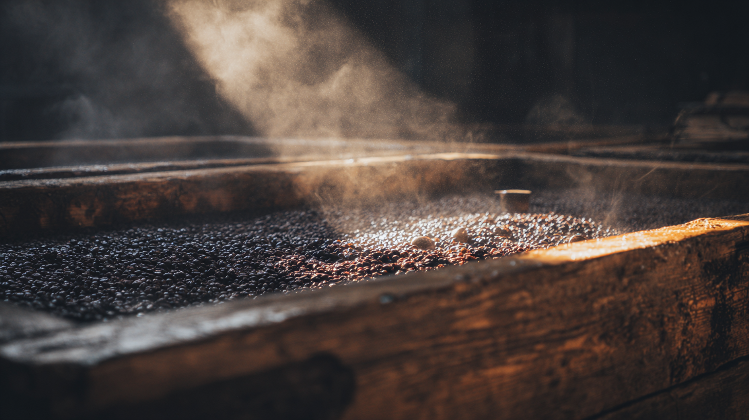 Coffee beans fermenting in a wooden vat in Indonesia.