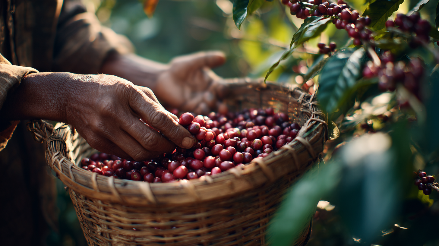 Close-up of a farmer hand-picking ripe Indonesian coffee berries.