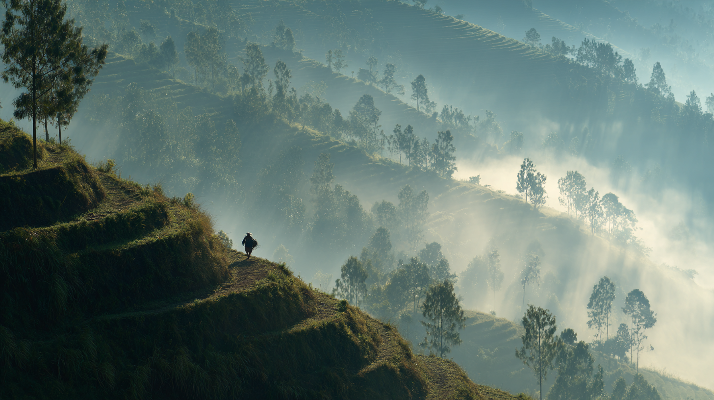 Misty Indonesian mountain coffee terraces with a farmer walking along the ridge.