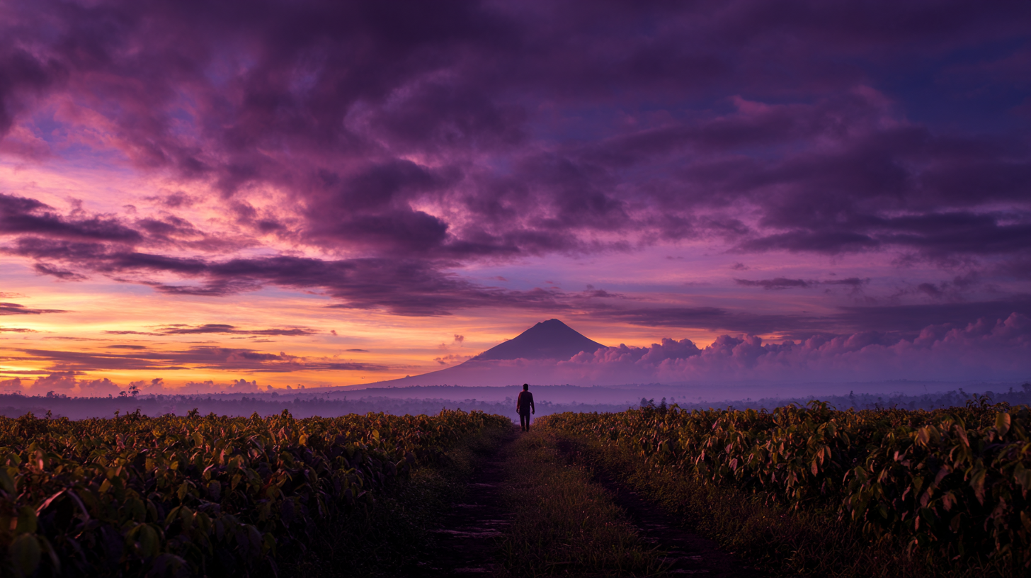 Indonesian coffee fields at twilight with a volcanic horizon.