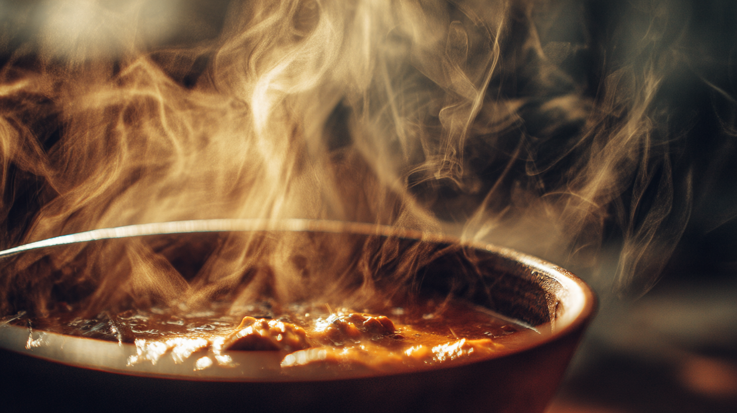 Close-up of steam rising from a bowl of Indonesian curry.