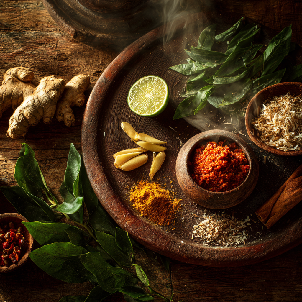 Close-up of Indonesian spices and ingredients glowing in warm kitchen light.