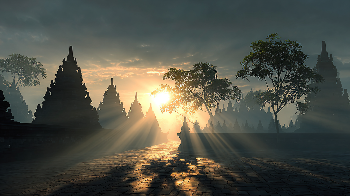A symbolic atmospheric scene reflecting the sacred architecture and cultural brilliance of Indonesia’s early kingdoms.