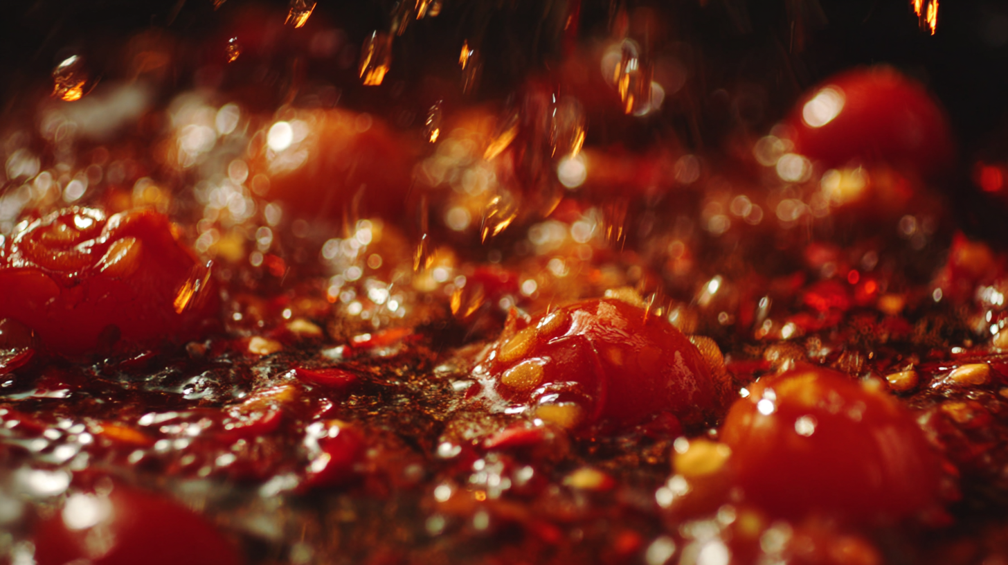 Macro close-up of Indonesian sambal ingredients frying in oil.