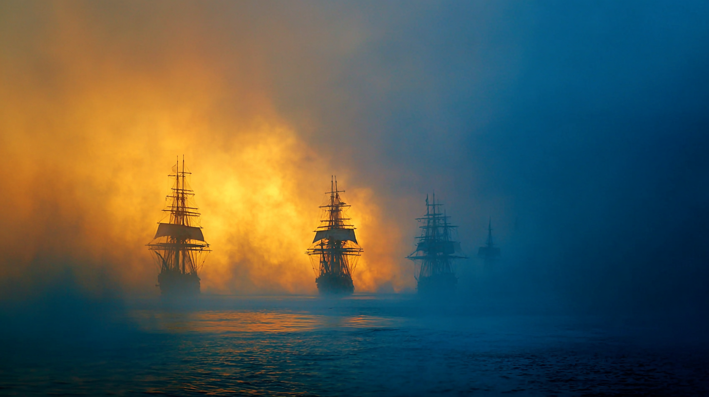 Silhouettes of European ships entering Indonesian waters, representing the arrival of global powers.
