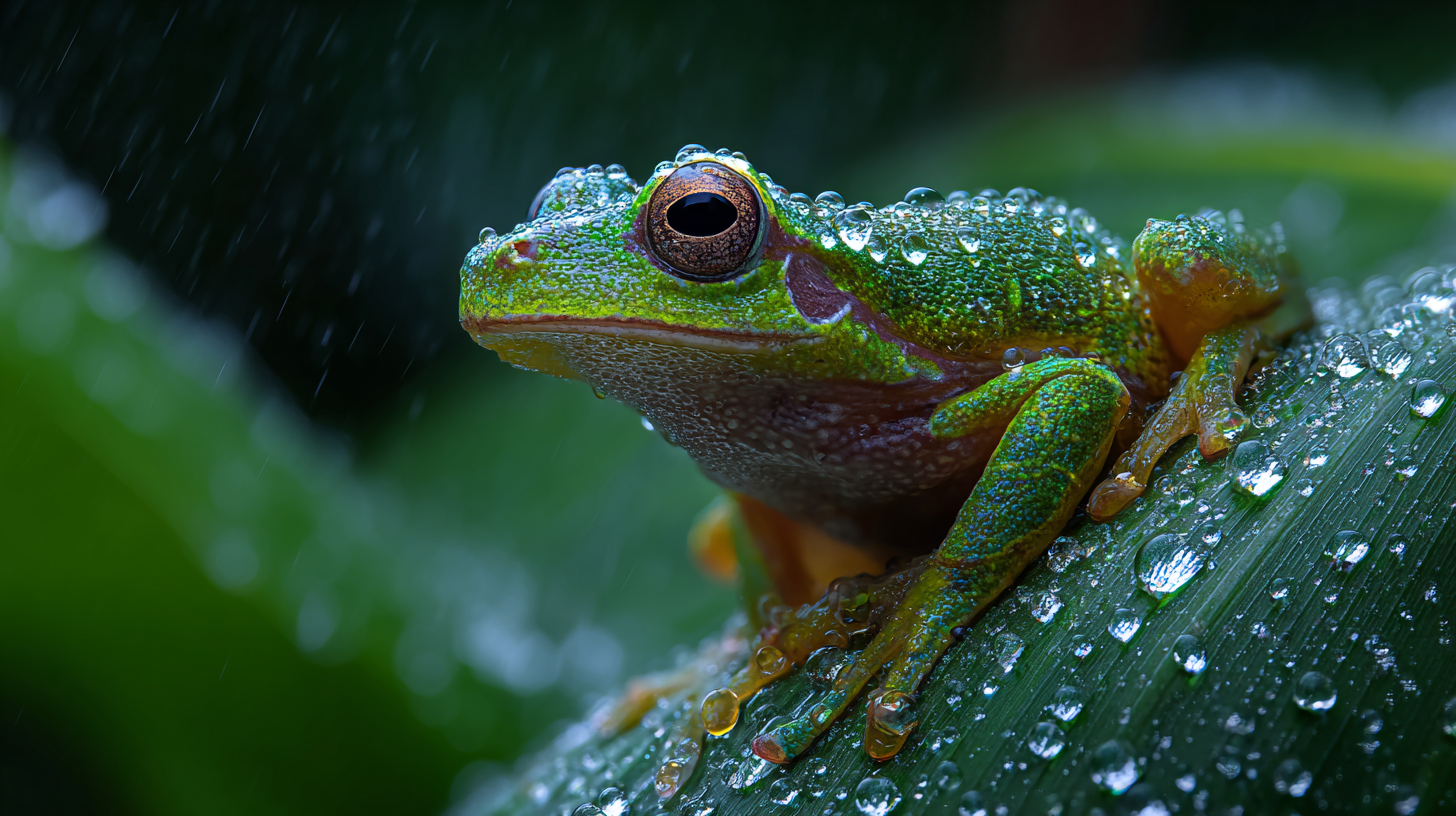 Macro shot of a colorful frog clinging to a wet leaf.
