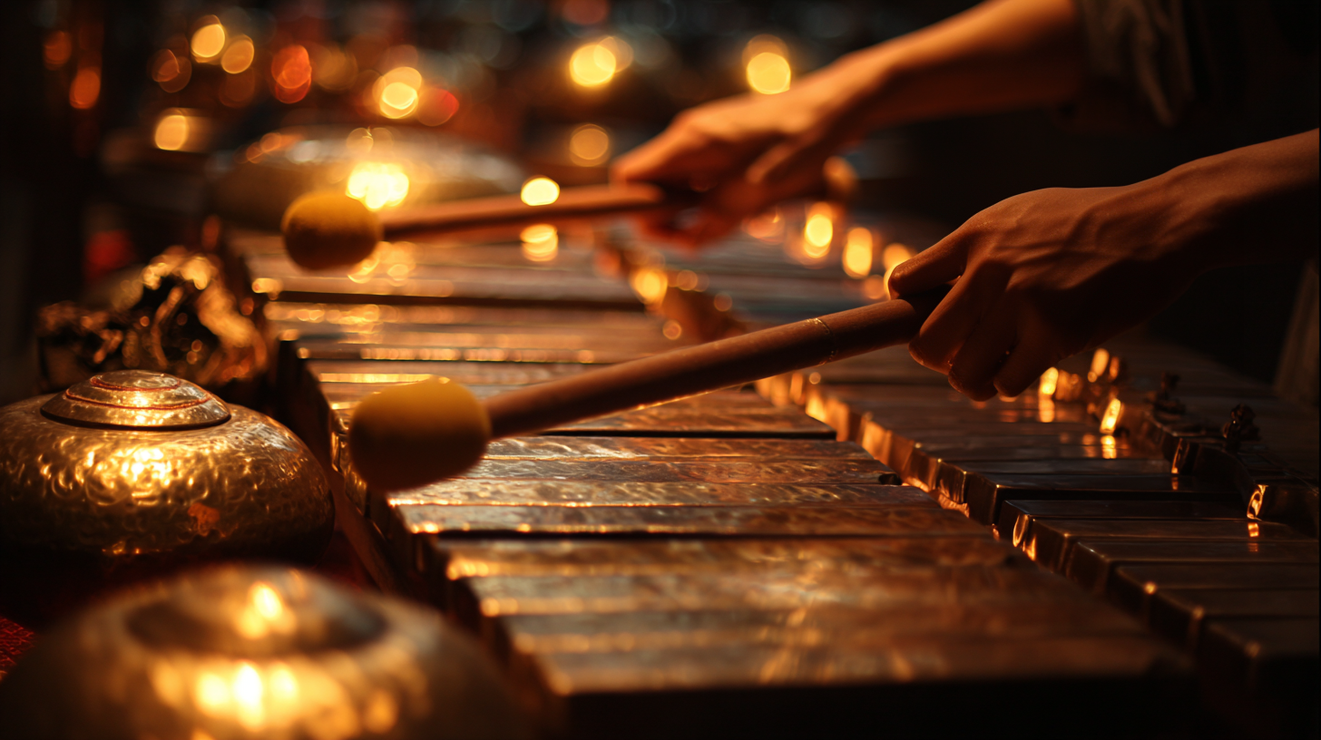 Close-up of hands playing bronze gamelan instruments.