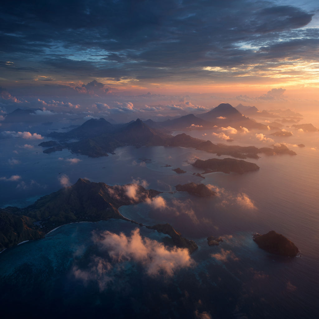 A panoramic sunrise view of Indonesia’s islands, symbolizing the nation’s vast historical landscape.