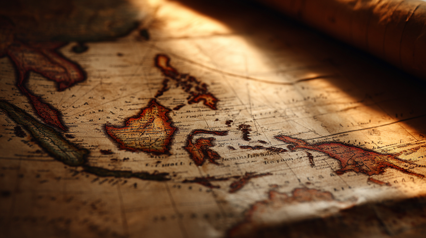 Indonesia history illustrated with an old map of the archipelago glowing in warm light