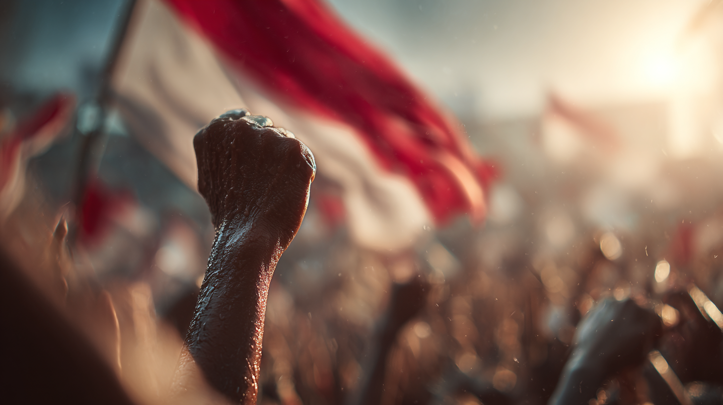 Hands raising Indonesia’s flag in 1945, symbolizing the declaration of independence.