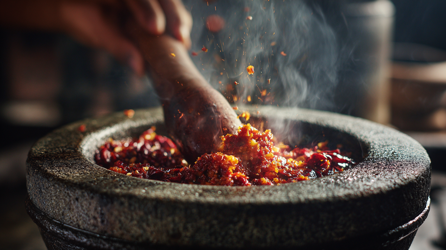 Indonesian cuisine close-up of hands grinding sambal paste in a stone mortar