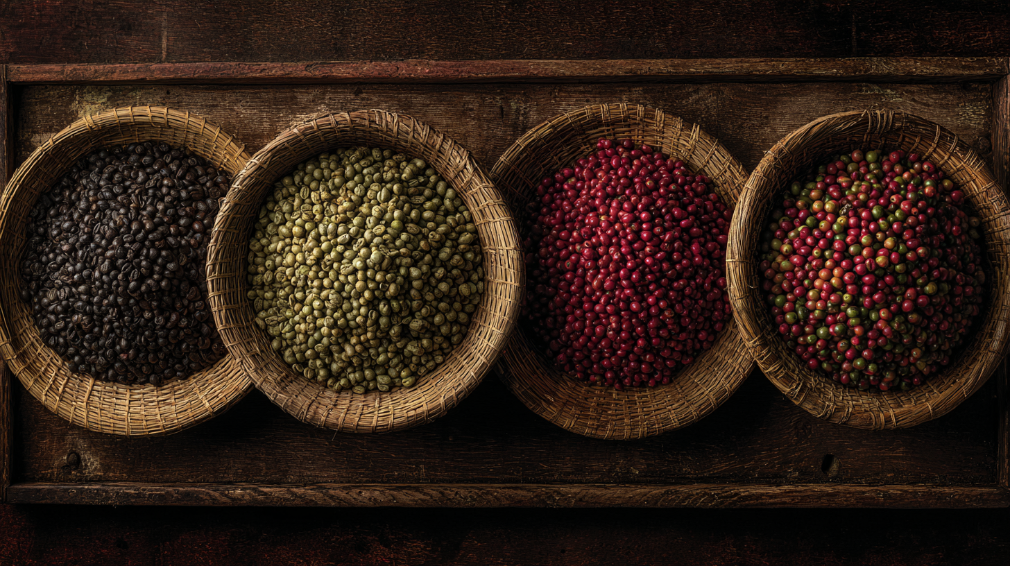 Four baskets of coffee cherries representing different Indonesian islands.