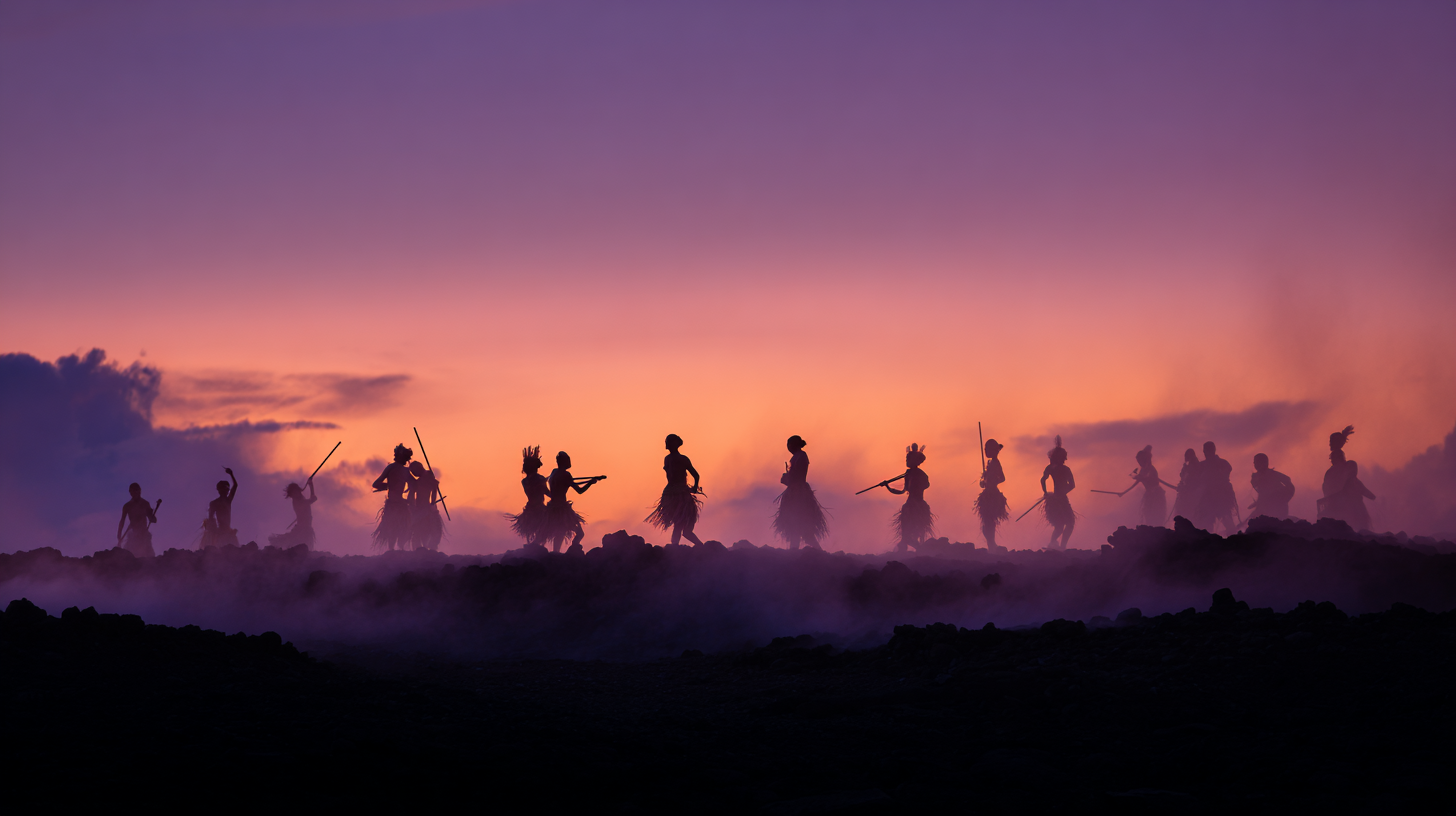 Silhouettes of Indonesian dancers and musicians against a twilight volcanic horizon.
