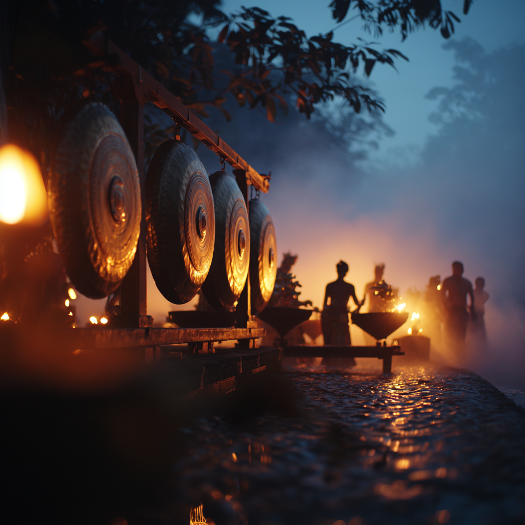 Gamelan musicians playing at dusk with dancers silhouetted behind.