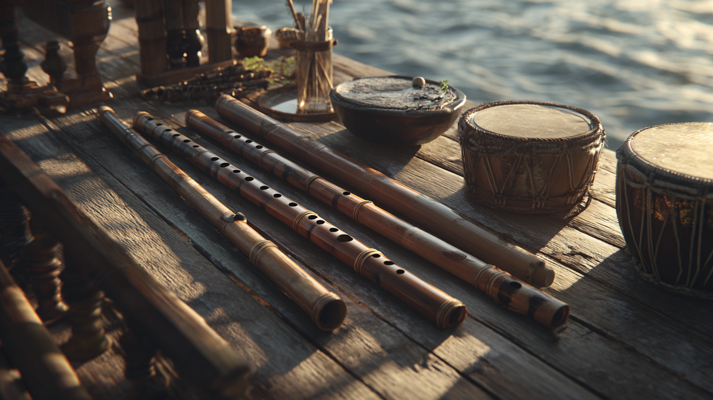 Traditional Indonesian instruments arranged on a wooden floor with natural light.