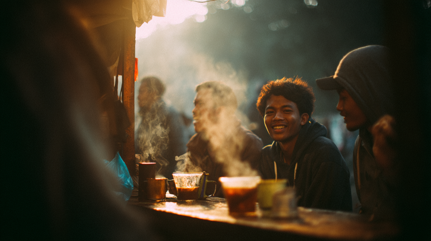 People sharing coffee at a roadside stall in Indonesia.