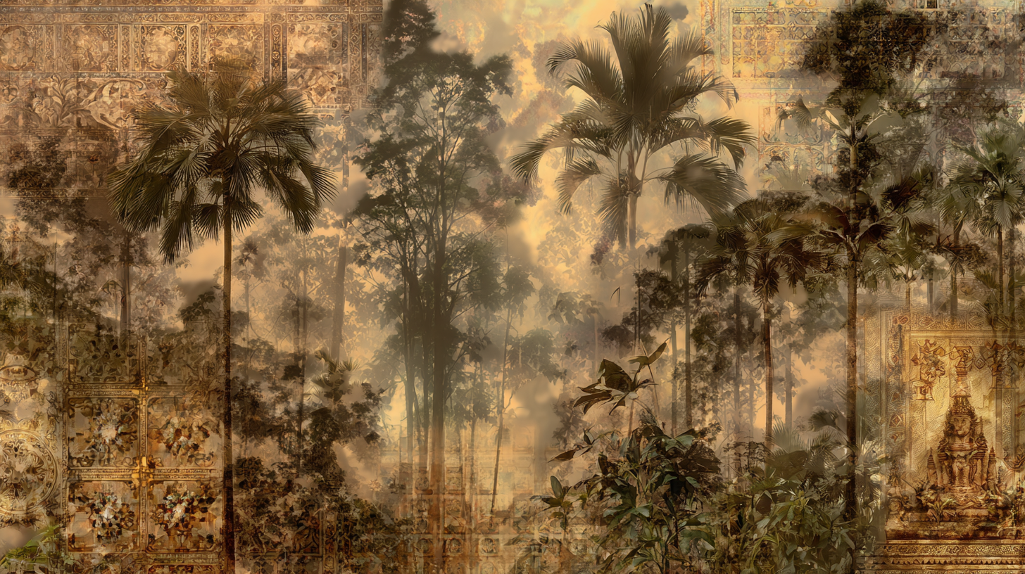 Atmospheric forest light mixed with cultural motifs, symbolizing Indonesia’s pre-colonial spiritual and artistic diversity.