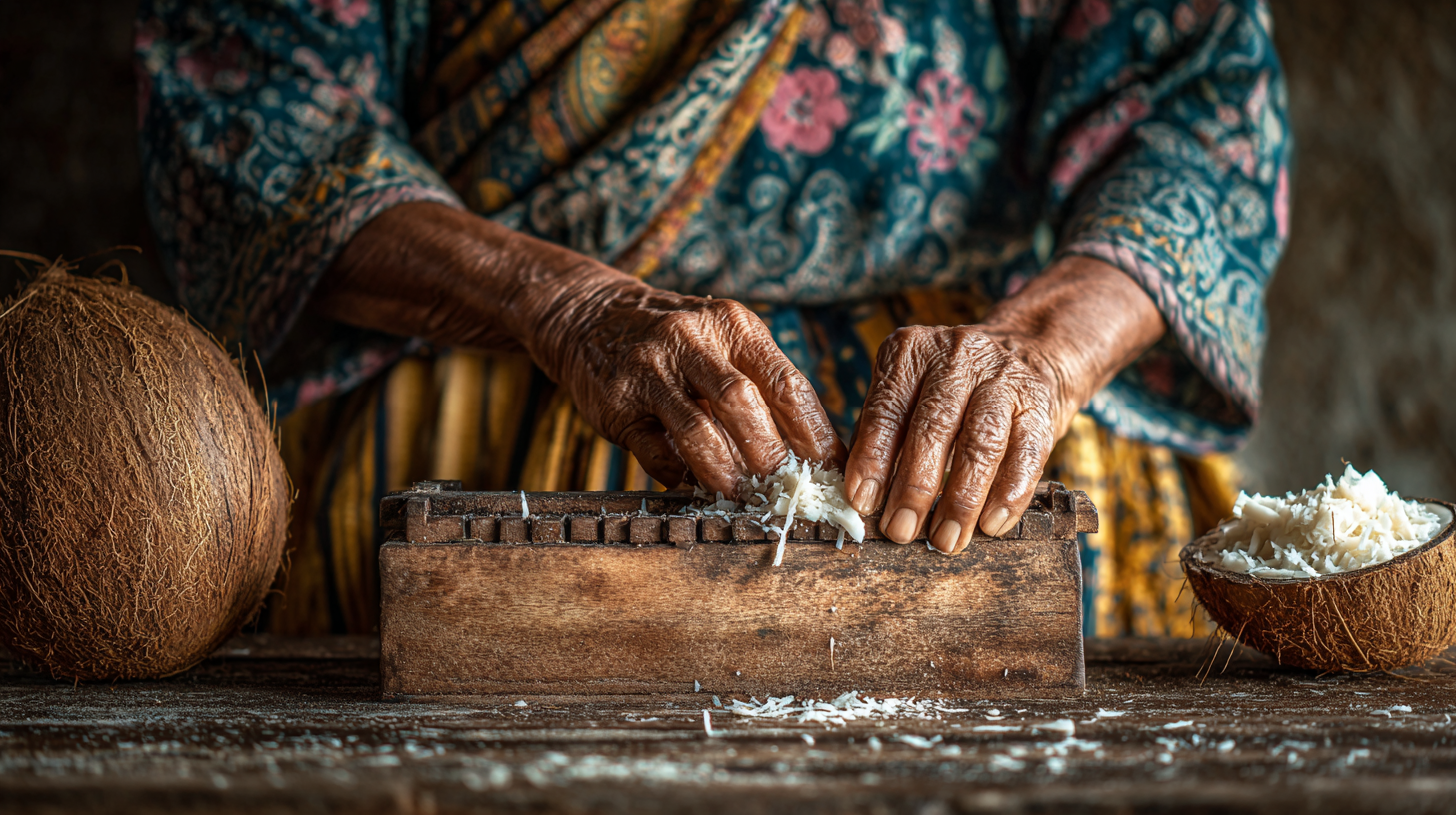 Close-up of elder hands grating fresh coconut.