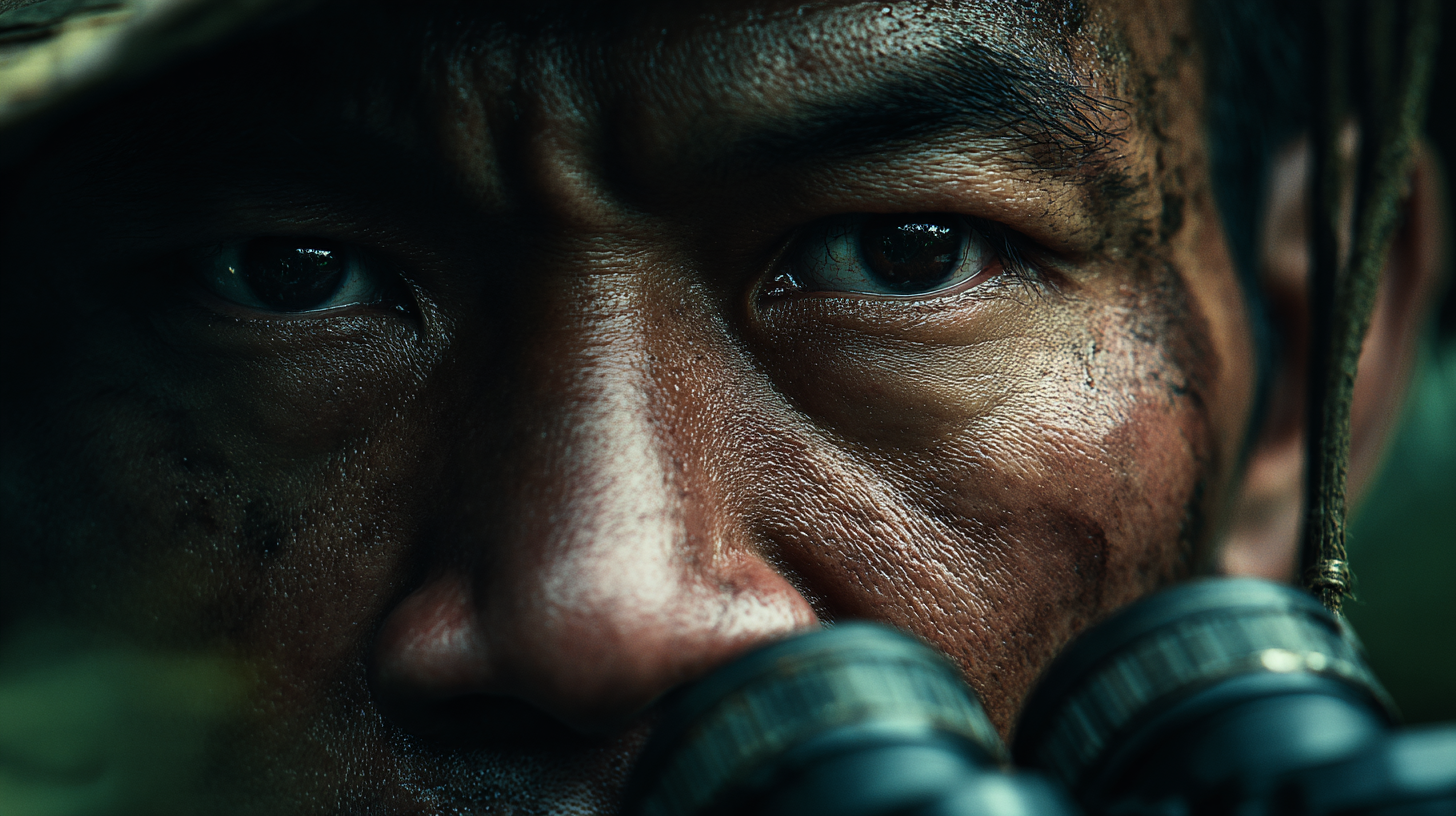 Close-up of an Indonesian wildlife ranger scanning the forest.