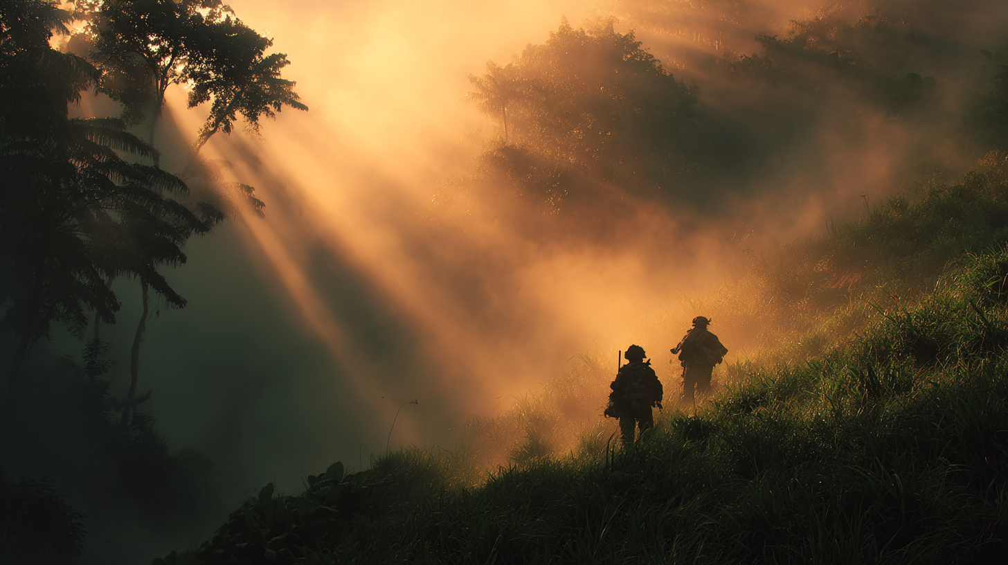 Guerrilla silhouettes moving through misty hills, representing Indonesia’s fight for independence.