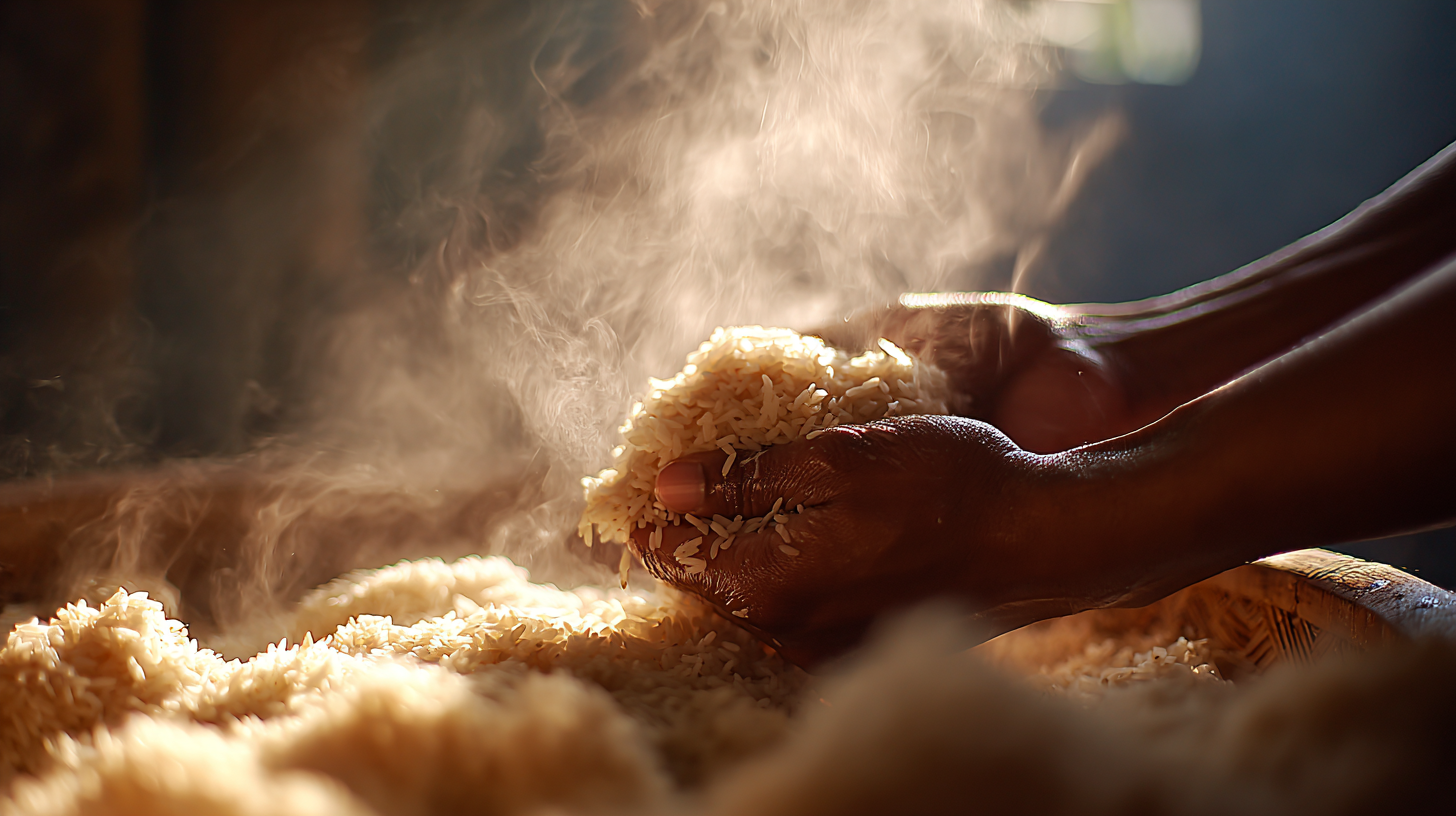 Close-up of hands serving steaming Indonesian rice.