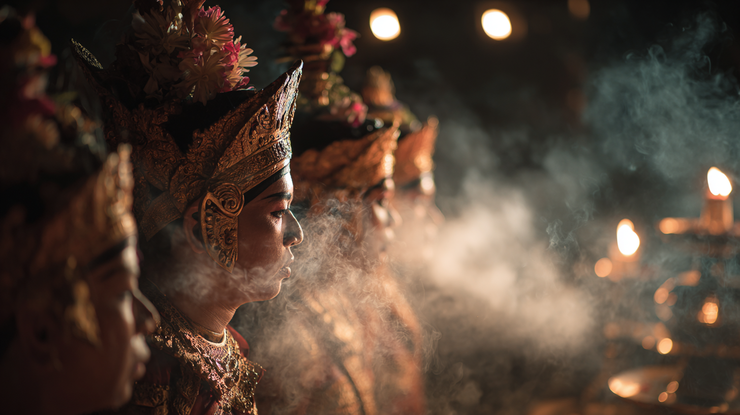 Balinese dancers performing at night during a temple ceremony.